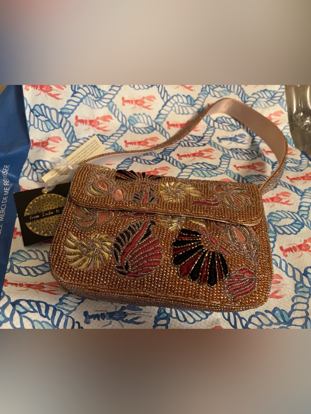 Embellished Metallic Bronze Shoulder Bag with Multicolor Shell Motif